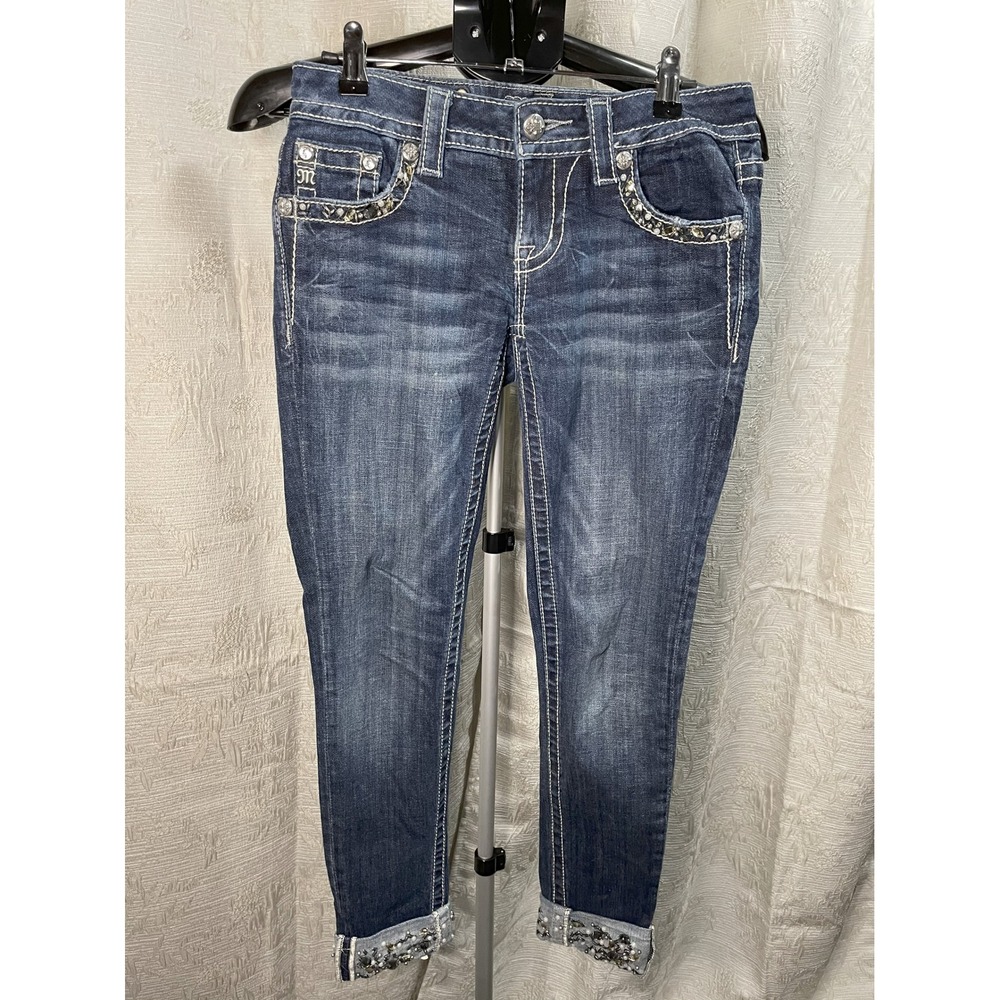 Miss Me Signature Cuffed Skinny Jeans Embellished Pockets Dark Wash